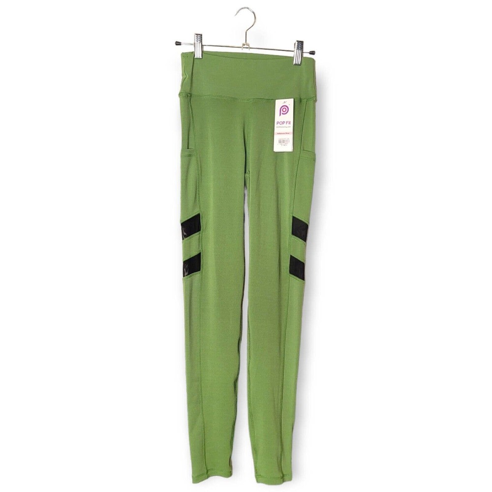 Pop Fit Women Green Leggings Sheer Panel NWT Size XS